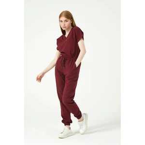 Bordo Likralı Scrubs Jogger Paça Doktor Hemşire Forması Yarasa Kol Takım Unisex