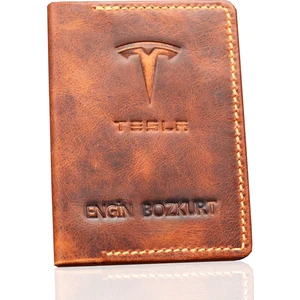 Tesla Logolu Hakiki Deri Taba Ruhsat Kılıfı - Isme Özel