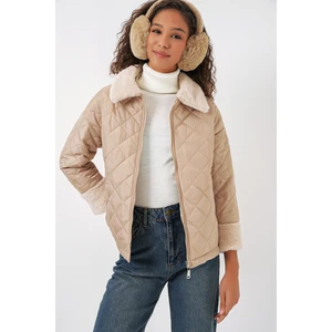 5202 Peluş Detaylı Kapitone Mont - Bej