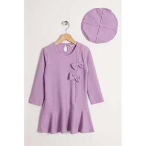 Bisiklet Yaka Fiyonk Detaylı Şapka Aksesuarlı Lila Renk Kız Çocuk Elbise
