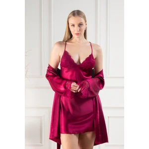 Lunoche Nightwear Kadın Güpür Detaylı Saten Çeyizlik Ikili Gecelik Sabahlık Takımı