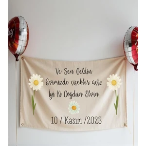 Çiçekli Isme Özel Doğum Günü Flaması  Arka Fonu Afişi Duvar Halısı Örtüsü 65X100CM