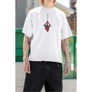 Ters Asılı Ağdan Sarkan Örümcek Adam Baskılı  Tişört, Oversize Spider-Man Tişört