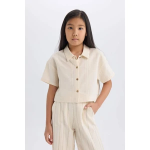Kız Çocuk Cropped Fit Keten Kısa Kollu Gömlek D9142A825SM