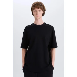 Boxy Fit Bisiklet Yaka Kısa Kollu Basic Düz Waffle Siyah Tişört B4443AX25SP