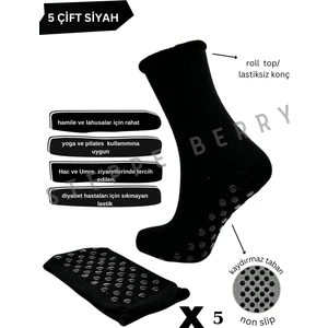 Steppe Berry 5'li Siyah Lastiksiz Kaydırmaz Taban Hac Umre Tavaf Çorabı