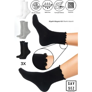 Bambu Kadın Lastiksiz Siyah-Beyaz-Gri Fırfırlı Soket Dikişsiz Çorap 3'lü Paket / Iz Bırakmaz / Sıkmayan Çorap