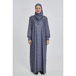 Manolyaşal İslamic Hijab Pratik Tek Parça Çiçek Desenli Namaz Elbisesi - Lacivert