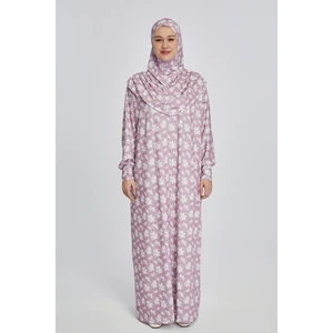 Manolyaşal Pratik Tek Parça Manolya Çiçek Desenli Namaz Elbisesi - Pembe