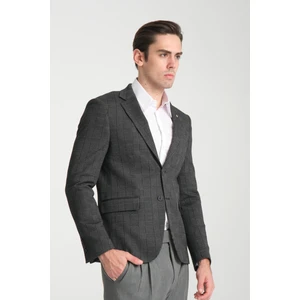 Ribas Erkek Lacivert Likralı Pamuk Karışımlı Ekose Desenli Slim Fit Spor Blazer Ceket
