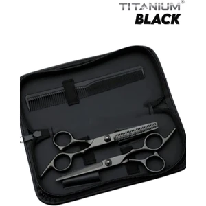 Titanium Black 4 Parça Deri Çantalı Saç Kesim Makas Seti Full Siyah