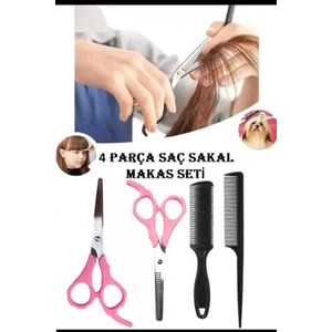 Pembe 4 Parça (Ara Makas-Tarak-Jiletli Tarak-Düz Makas) Berber Kuaför Saç Sakal Kesme Kısaltma Set