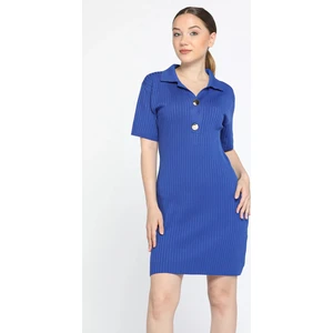 Polo Yaka Ön Düğme Detaylı Likralı Kadın Mevsimlik Triko Elbise