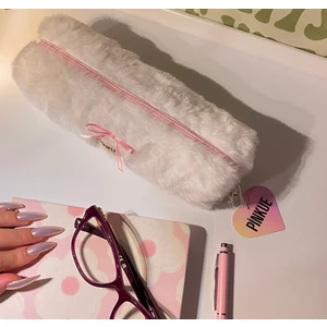 Ince Fiyonk Detaylı Beyaz Peluş Tüylü Dikdörtgen Kalemlik/ Mini Makyaj Çanta Astarlı