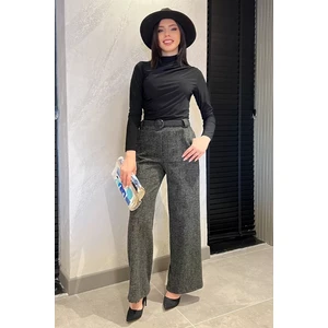 Kadın Kışlık Karyağdı Desenli Pile Detaylı Kemerli Palazzo Pantolon