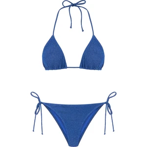 Gümüş Simli Saks Mavi Arkası Büzgülü Bikini Takım