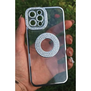 Iphone 13 Pro Kılıf Kamera Korumalı Taşlı Parlak Logo Açık Seffaf Kadın Kapak