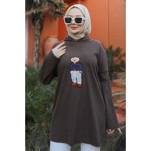 Asiya Oversize Ayı Nakışlı Kapüşonlu Tunik 1335 - Kahve