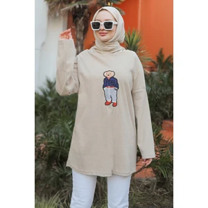 Asiya Oversize Ayı Nakışlı Kapüşonlu Tunik 1335 - Taş