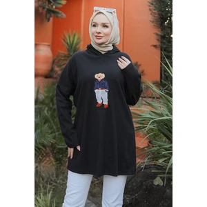 Asiya Oversize Ayı Nakışlı Kapüşonlu Tunik 1335 - Siyah