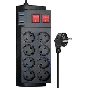 FTR8 4000W Akım Korumalı 8'li Priz Çoklayıcı - 16A, 2 Anahtarlı, 3 USB, 2 Metre Kablo