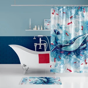 Banyo Paspas ve Tek Kanat Duş Perdesi 1X180X200 Set Banyo Halısı Whale