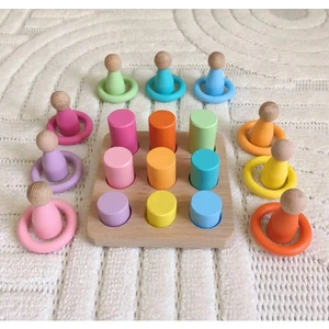 Montessori Eşleştirme Tablalı Silindir Halka Peg Bebek Seti - 9 Renk