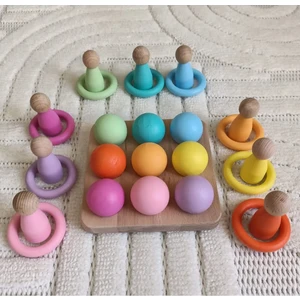 Montessori Eşleştirme Tablalı Top Halka Peg Bebek Seti - 9 Renk