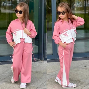 Kız Çocuk Fermuarlı Kapüşonlu Kurdela Detaylı 2'li Alt-Üst Takım  Pembe Renk