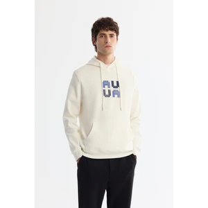 Erkek Ekru Kapüşonlu Pamuklu Baskılı Elastan Sweatshirt A42y1324