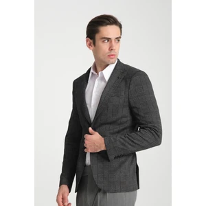 Ribas Erkek Siyah Likralı Pamuk Karışımlı Ekose Desenli Slim Fit Spor Blazer Ceket