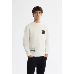 Erkek Ekru Bisiklet Yaka Pamuklu Baskılı Elastan Sweatshirt A42Y1251