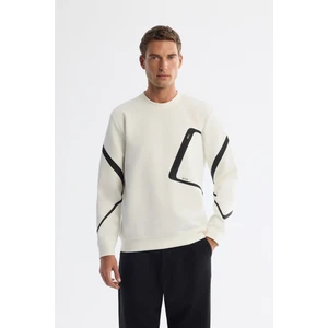 Erkek Ekru Bisiklet Yaka Pamuklu Baskılı Sweatshirt A42Y1317