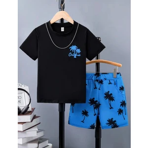 Kids Face Özel Tasarım Mavi Palmiye Baskılı Yaz Stili Erkek Çocuk T-Shirt Short Takım