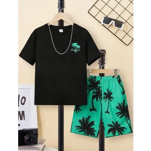Kids Face Özel Tasarım Yeşil Palmiye Yaz Stili Erkek Çocuk T-Shirt Short Takım