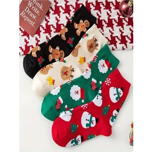4'lü Yılbaşı Ağaç Noel Baba Christmas Desenli Set Unisex Pamuklu Kokulu Soket Çorap