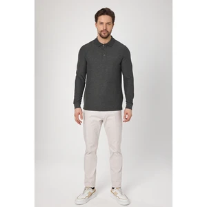 Lewin Erkek Antrasit %100 Pamuk Waffle Çekmeyen Esneyen Kumaş Slim Fit Uzun Kol Polo Tişört