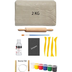 Beyaz Seramik Hamuru 2 kg Kil Ebeşuar Seti 6X15 ml Akrilik Boya Seti 100 cc Vernik Ahşap Merdane Zımpara