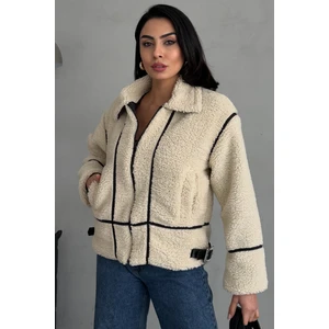 Moda Armanc Suni Deri Detaylı Peluş Kadın Ceket