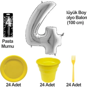 4 Yaş Pasta Mumu - 4 Yaş Folyo Balon - Tabak Bardak Çatal - Sarı
