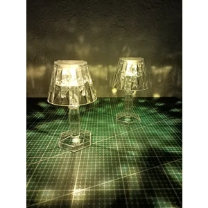 2'li Kristal Elmas LED Masa Lambası Pilli Projeksiyon Mini Şeffaf Abajur Küçük Boy 12 cm