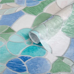 176-0213 Mavi Çiçekli Kendinden Yapışkanlı Cam Vitray Folyo (45  cm  x 1 Mt)