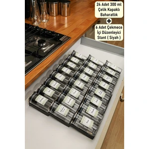 Color House Baharatlık Borosilikat (Cam) Çelik Kapaklı 300ML 24 Adet Kavanoz 6 Adet Stoplu Pleksi Stant (Siyah)
