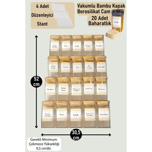 Color House 20 Adet Baharatlık Borosilikat (Cam) Bambu Kapaklı 300 ml Kavanoz ve 4 Adet Düzenleyici Pleksi Stant