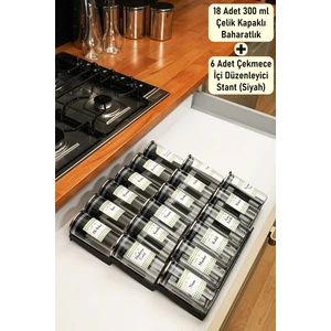 Color House 18 Adet Çelik Kapaklı Baharatlık Borosilikat (Cam) 300ML Kavanoz 6 Adet Stoplu Pleksi Stant (Siyah)