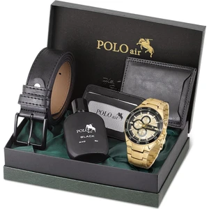 Polo Air Erkek Set Kombin Kemer Cüzdan Kartlık Parfüm Kol Saati Hediyelik Kutusunda Siyah Gold Set PL-0961E6