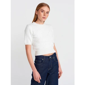 10703 Bisiklet Yaka Pullu Simli Triko Kazak-Ekru