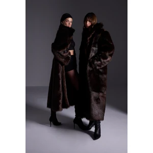 Açelya Okcu Premium Kadın Kaban Suni Kürk Oversize Kesim Şık Model Kahverengi
