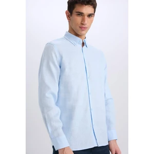 %100 Keten Regular Fit Polo Yaka Yazlık Basic Düz Uzun Kollu Gömlek C1825AX25SM