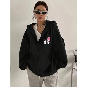 Hello Kitty Kuromi Baskılı Kapüşonlu Kanguru Cepli Oversize Mevsimlik Fermuarlı Sweatshirt /hırka